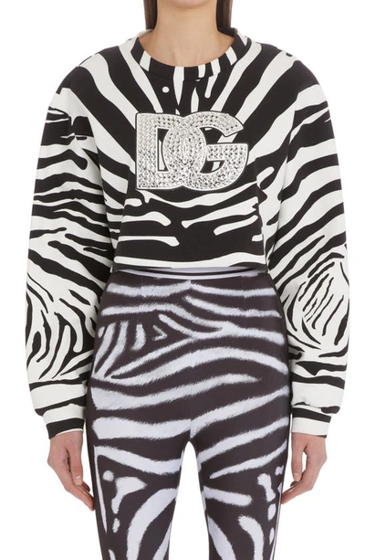 Shop Dolce & Gabbana Zebra Print Crop Cotton Logo Sweatshirt In Hh3sj Zebra B/ N