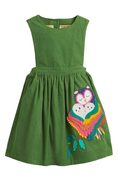 Shop Mini Boden Kids' Owl Appliqué Cotton Corduroy Pinafore Dress In Olive Green Owls