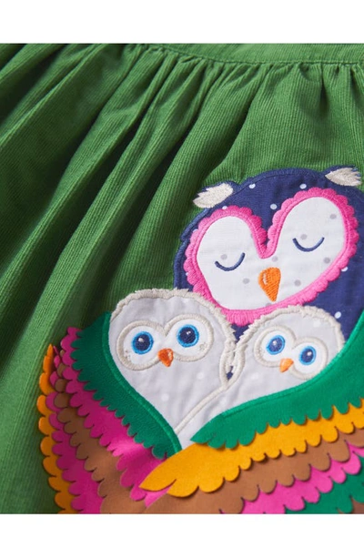 Shop Mini Boden Kids' Owl Appliqué Cotton Corduroy Pinafore Dress In Olive Green Owls