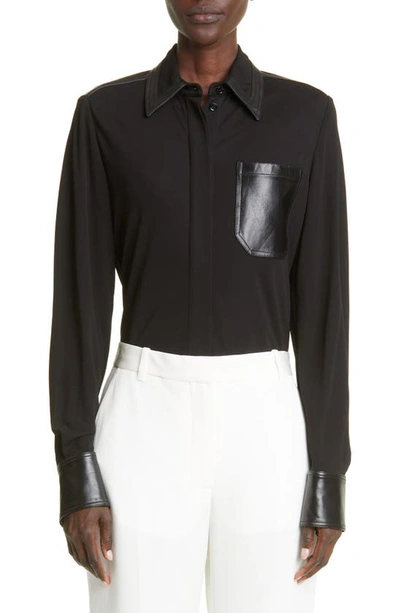 Shop Victoria Beckham Leather Detail Button-up Shirt In Black