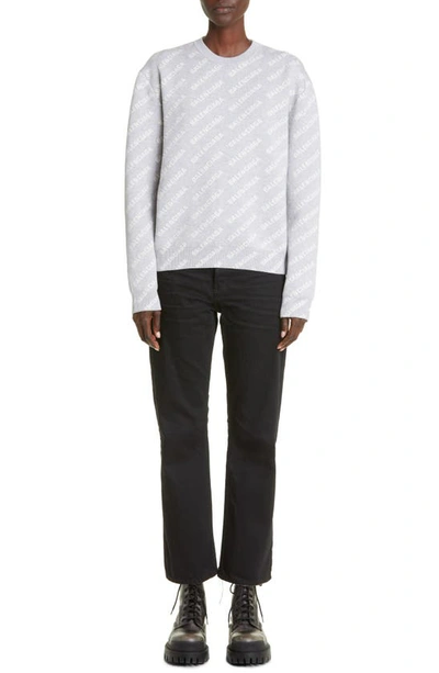 Shop Balenciaga Logo Jacquard Crop Crewneck Cotton & Wool Blend Sweater In Grey/ Black