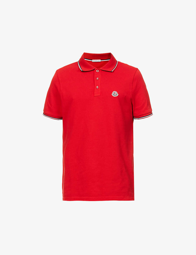Shop Moncler Mens Red Logo-embroidered Ribbed Cotton-piqué Polo Shirt