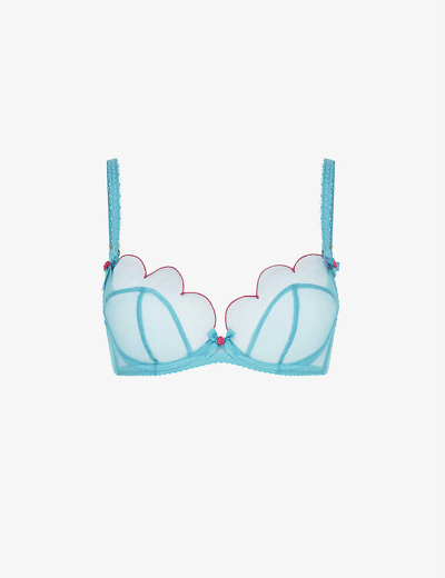 Shop Agent Provocateur Womens Teal/pink Lorna Scalloped Mesh Underwired Bra In Blue