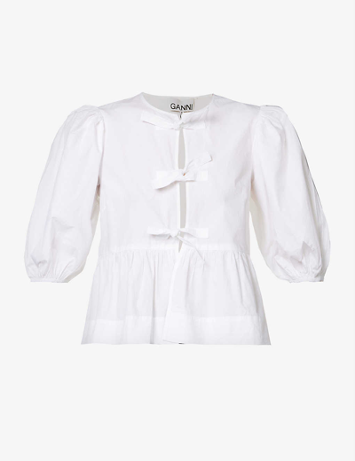 Shop Ganni Puff-sleeve Tiered-hem Cotton Blouse In Bright White