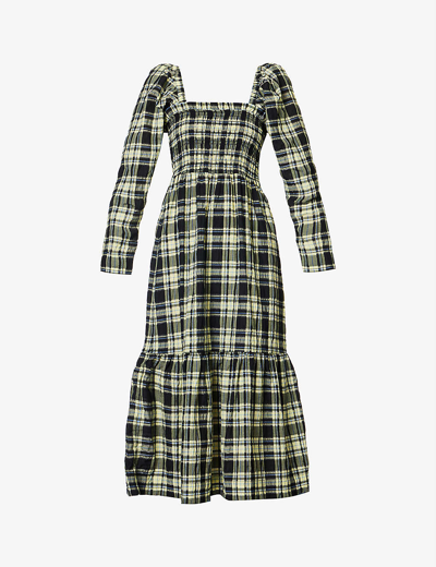 Shop Ganni Checked-print Seersucker-weave Cotton-blend Maxi Dress In Check Elfin Yellow
