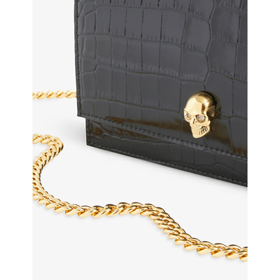 Alexander Mcqueen Skull Small Embossed Croc Leather Crossbody Bag In Black Gold