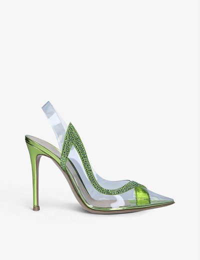 Shop Gianvito Rossi Hortensia Crystal-embellished Pvc And Leather Slingback Courts In Lime