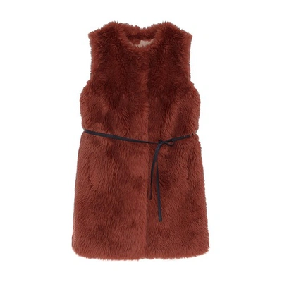 Shop Yves Salomon Belted Sleeveless Wool Jacket In Rouge