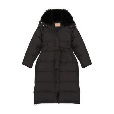 Shop Yves Salomon Long Belted Puffer Jacket With Wool Collar In Noir