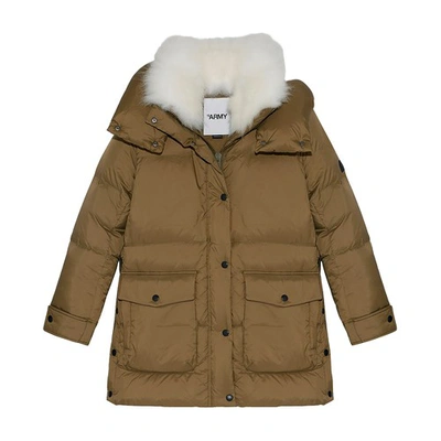 Shop Yves Salomon 3/4 Puffer Jacket With Lambswool Hood In Kaki