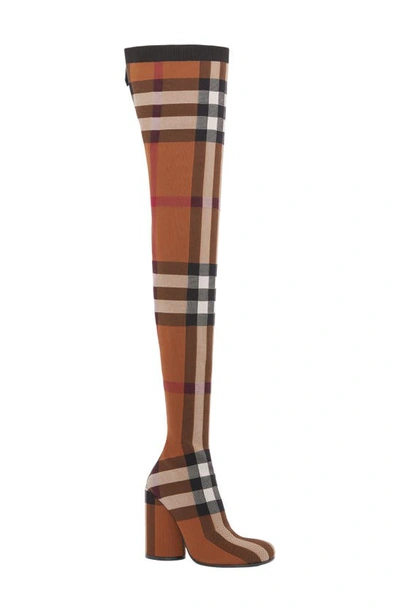 Shop Burberry Check Thigh High Sock Boot In Dark Birch Brown Check