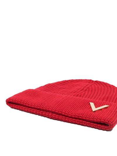 Red Cashmere Beanie With V Plaque