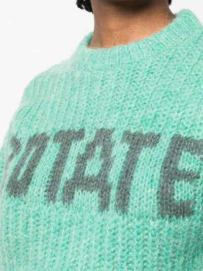 Shop Rotate Birger Christensen Intarsia-knit Logo Cropped Jumper In Green