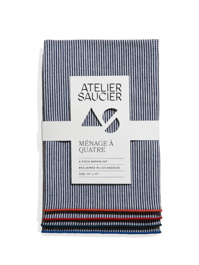 Shop Atelier Saucier Americana Stripe Napkin 4-piece Set In Navy White