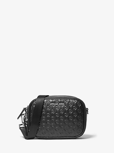 Shop Michael Kors Hudson Logo Embossed Leather Crossbody Bag In Black
