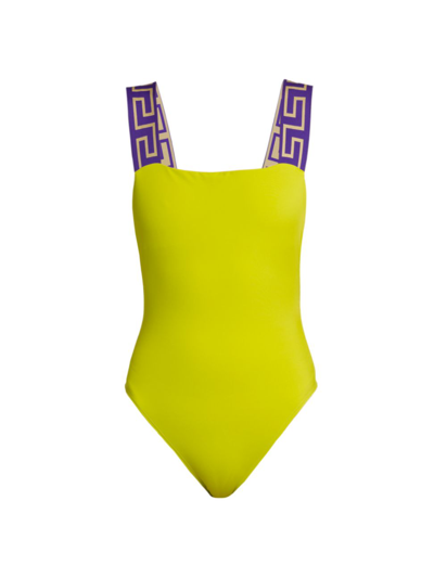 Shop Versace Women's Greca Border One-piece Swimsuit In Pale Avocado Purple