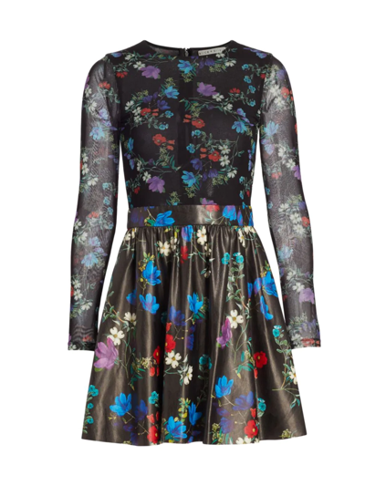 Shop Alice And Olivia Women's Chara Floral-print Mesh & Vegan Leather Minidress In Beautiful Bloom Smd Black