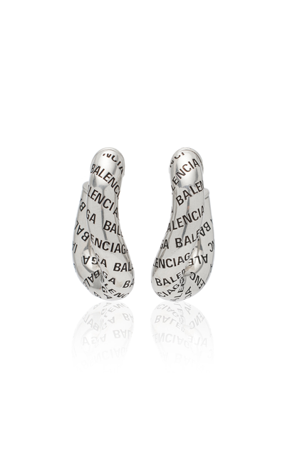 Shop Balenciaga Women's Logo Brass Hoop Earrings In Silver