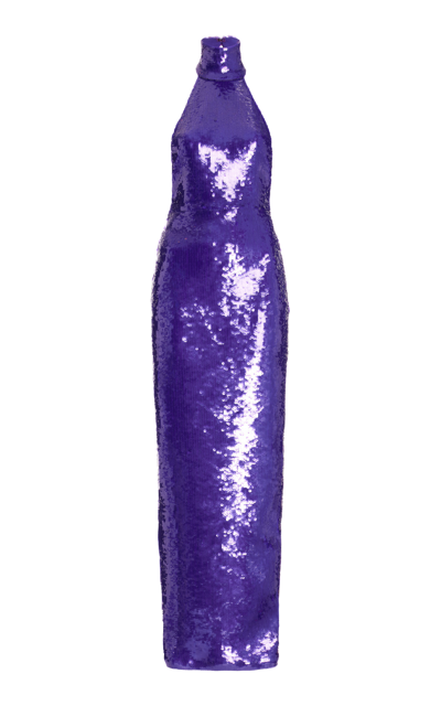Shop Laquan Smith Mockneck Sequined Column Gown In Purple
