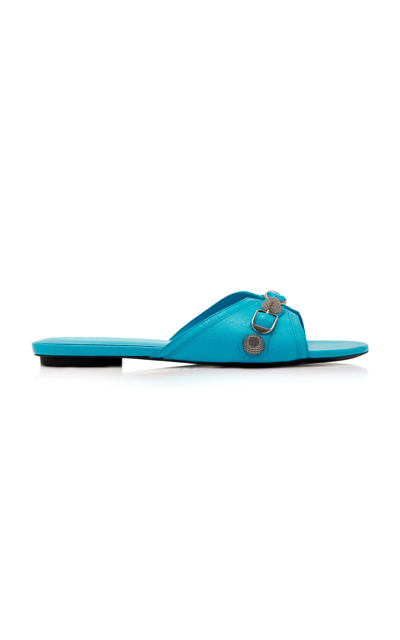 Shop Balenciaga Women's Cagole Flat Leather Sandals In Blue