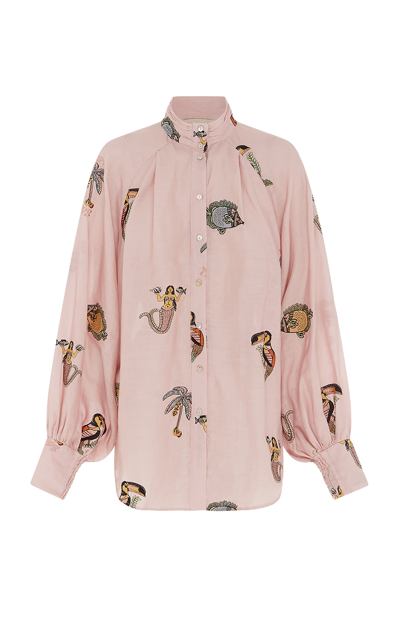 Shop Alãmais Women's Vacay Balloon-sleeve Linen Button-down Shirt In Pink
