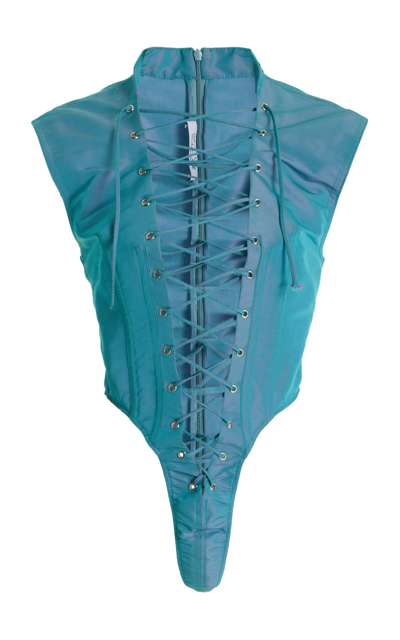 Shop Laquan Smith Lace-up Iridescent Taffeta Bodysuit In Blue