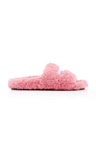 Shop Balenciaga Furry Embroidered Faux Shearling Slide Sandals In Pink