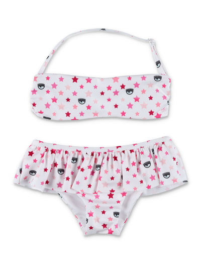 Chiara Ferragni Stars Stretch Fabric Bikini With Ruffles In White