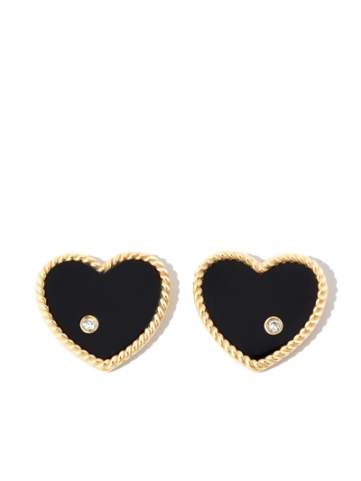 Shop Yvonne Léon 9kt Yellow Gold Onyx Heart Diamond Stud Earrings In 金色