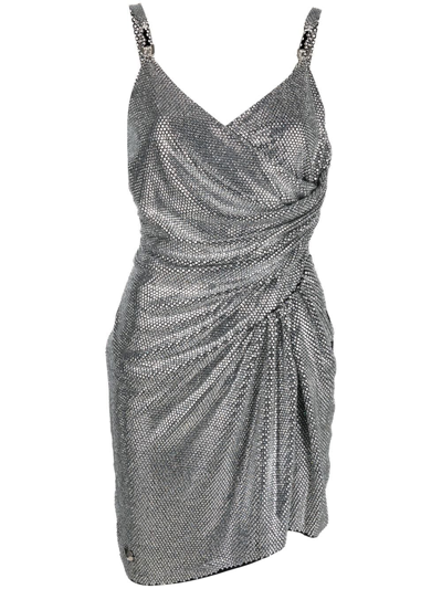 Shop Philipp Plein Crystal-embellished Ruched Mini Dress In Grey
