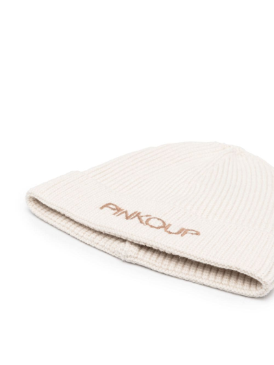 Pinko Teen Embroidered-logo Knitted Beanie In Neutrals