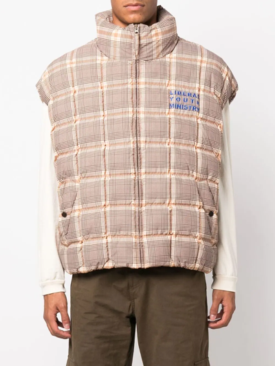 Shop Liberal Youth Ministry Logo-embroidered Check-print Gilet In 褐色