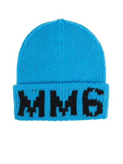 Shop Mm6 Maison Margiela Intarsia-knit Logo Beanie In Blue
