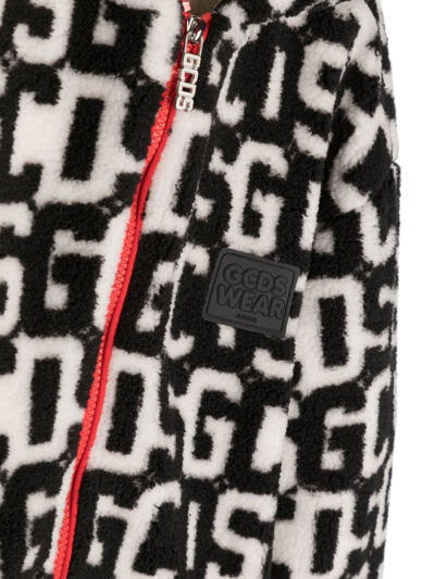 Shop Gcds Intarsia-knit Logo Faux-fur Coat In Black