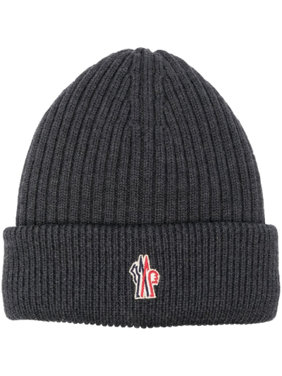 Shop Moncler Ribbed-knit Logo-patch Beanie Hat In 灰色