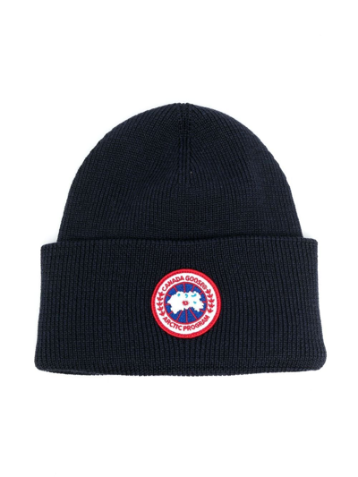 Shop Canada Goose Logo-patch Wool Beanie In Blue