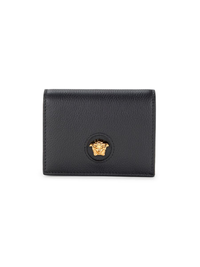 Shop Versace Women's Medusa Leather Bi Fold Card Case In Black Gold
