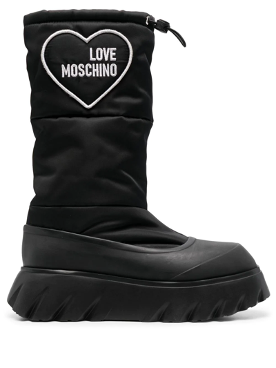 Shop Love Moschino Padded Heart Patch Boots In Black