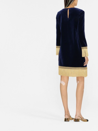 Shop Moschino Fringe-trim Velvet Shift Dress In Blau