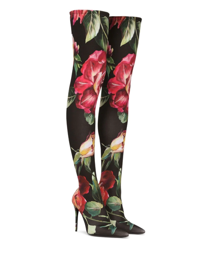 Shop Dolce & Gabbana Floral-print Thigh-high Boots In Black
