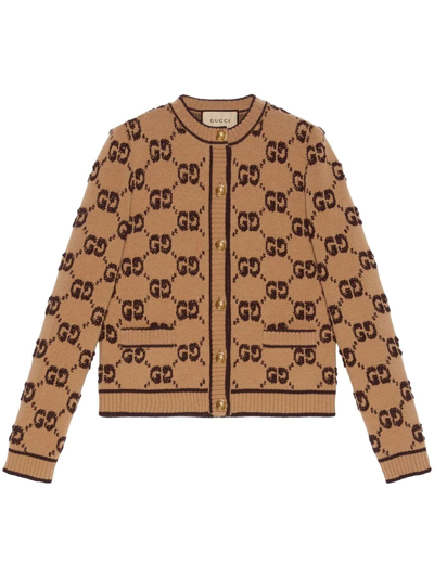 Gucci Gg Jacquard Wool Bouclé Cardigan In Brown