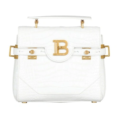 Shop Balmain B-buzz 23 Bag In Crocodile-embossed Leather In Blanc
