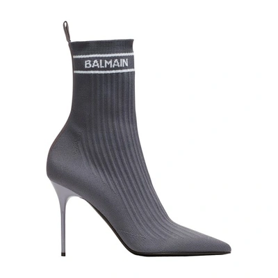 Shop Balmain Skye Stretch Knit Ankle Boots In Gris Fonce