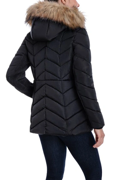 Shop London Fog Faux Fur Trim Hooded Water-resistant Puffer Jacket In Black