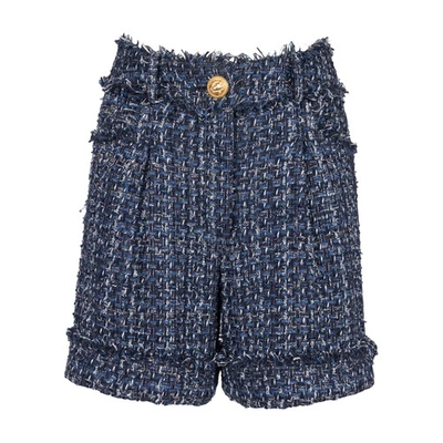 Shop Balmain Tweed High-waisted Shorts In Multi Bleu