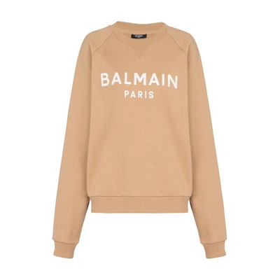 Shop Balmain Cotton Printed  Logo Sweatshirt In Camel Rose Pale