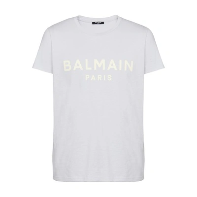 Shop Balmain Cotton Printed  Paris Logo T-shirt In Bleu Clair Jaune Pale
