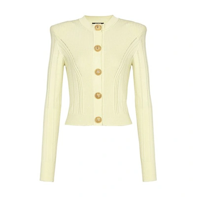 Shop Balmain Knit Cardigan With Gold Buttons In Jaune Pale