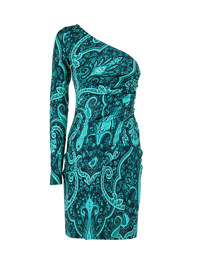 Etro Paisley Printed One-shoulder Mini Dress In Green