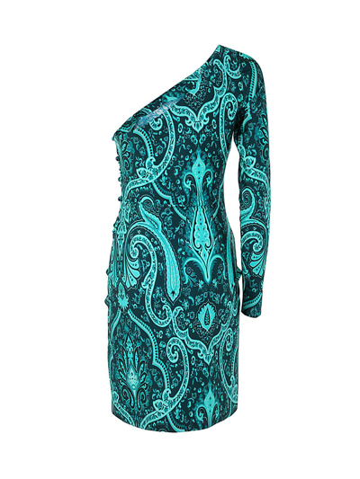 Etro Paisley Printed One-shoulder Mini Dress In Green